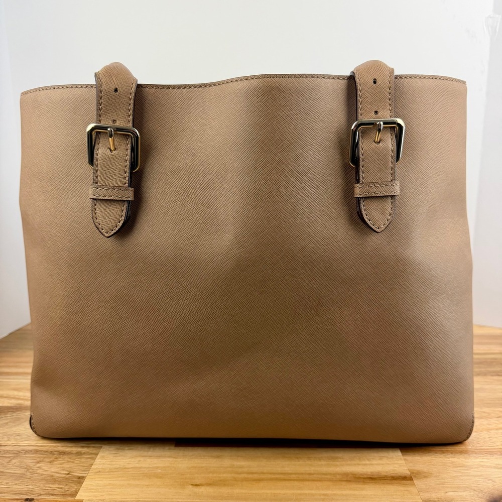 Kate Spade New York Saffiano Leather Tote Bag Taupe Tan Gold Hardware - Picture 3 of 15
